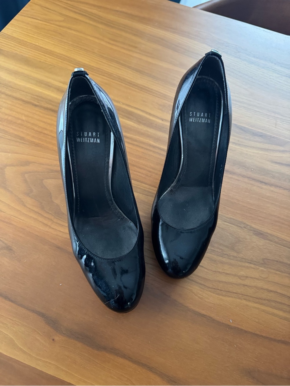 Stuart Weitzman Black Patent Leather Rounded-Toe Pumps
